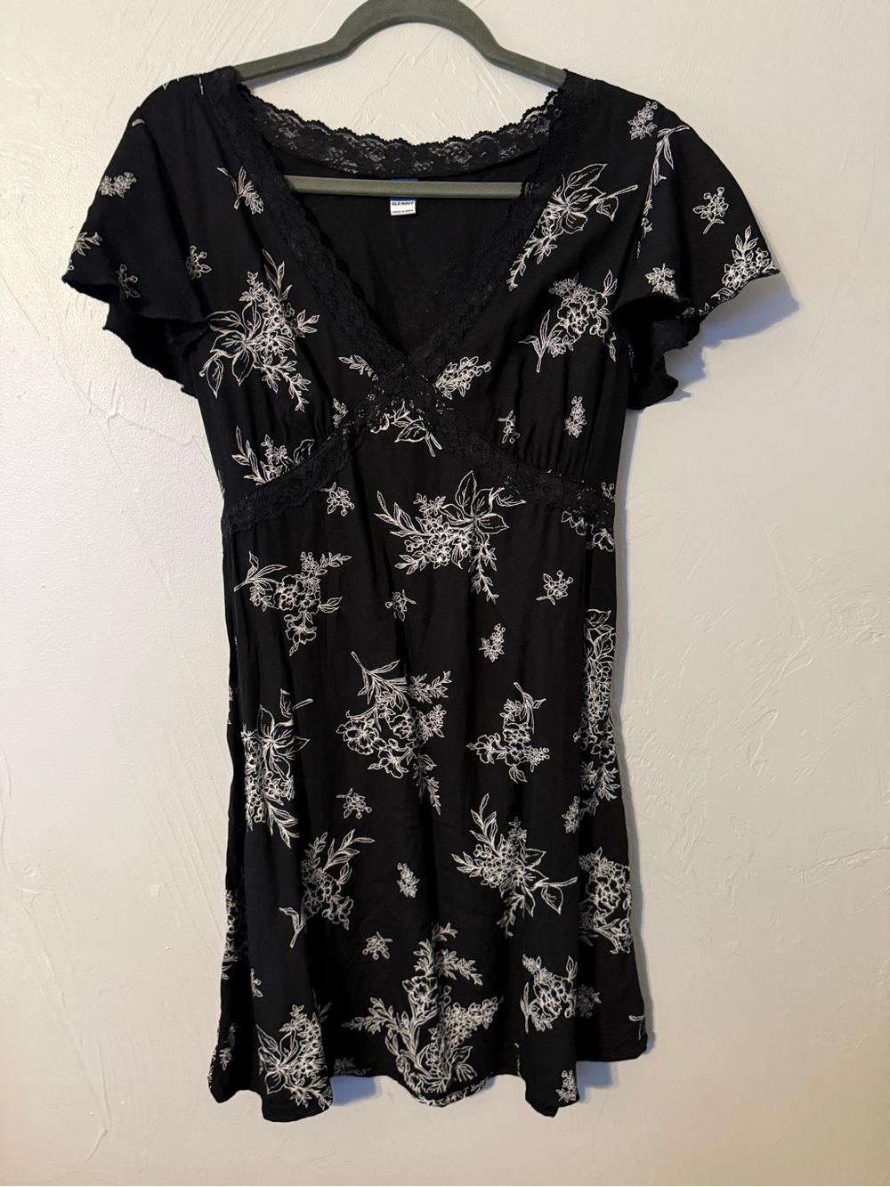Old Navy Black White Floral Lace Trim Mini Dress Small Boho Cottagecore